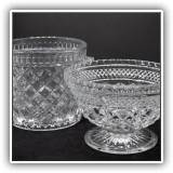 G3. Two pieces of pressed glass. Ice bucket measure 6.25"T and 5.25"T. Bowl meaure 6.25"T and 4.25"W - $20 for the pair