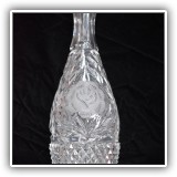G4. Unsigned crystal decanter with rose motif.  Replacement stopper. -$12