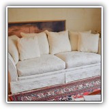 F5. Bauhaus white damask sofa. Dimensions: 96.5"W x 37"D x 28.5" T. Condition: Some staining on front - $350