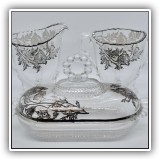 G6. Three pieces of glass with silver overlay. (Butter dish, creamer and sugar dish) - $15 for all three