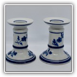D39. Blue and white pottery candlesticks. 3.6"T - $6 for the pair