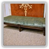 F54. Carved prayer bench with green velvet upholstery. Dimensions: 12"D x 29"W - $40