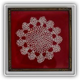 P87. Art - Framed lace on red background. Frame: 12"x12" - $22