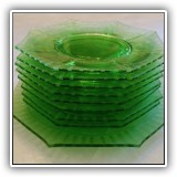 G30. Green glass cake set. 8 9"W plates and 1 11" serving plate. - $20