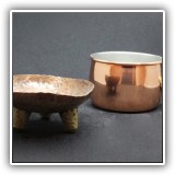B9. Mexico footed copper and brass ashtray and Tagus copper pot (missing handle) - $16 for the pair