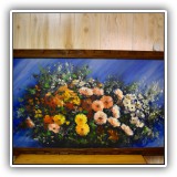 A55. Floral Still life with blue background (large with rip in canvas) unsigned 24"x48" -$195