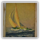 A58. Sailboat unframed oil on canvas by Giragos Der Garabedian. Small perforation to canvas in one sail. Dimensions: 17"x22" - $175