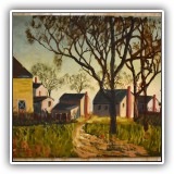 A66. Unsigned oil painting of houses on canvas. Dimensions: 30" x 24" - $50