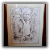 P15. Limited edition art print of Robert Frost by Helene Bishop.  Cracked glass. Frame: 21.5" x 28" - $200