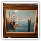 A69. Boat at the dock oil painting on canvas by Giragos Der Garabedian. Frame: 27.5"x24" - $225