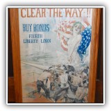 P4. WWI era "Clear the Way" war bonds poster. Frame: 19.5" x 29.5" - $425