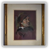 A44. Pastel of man in beret, signed TSM, with some foxing. Frame: 18.5" x 22" Artwork: 10 x 13.5" - $85