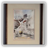 A45. Signed watercolor of Santorini with windmill. Frame: 15" x 12.5" Watercolor: 7.5" x 10.5" - $75