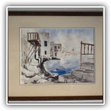 A46. Signed watercolor of Santorini with mule. Frame: 10.5" x 13" Watercolor: 5.5" x 8.5" - $65