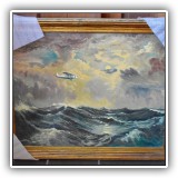 A40. Night seascape with airplane, oil on board with very small chip to paint. Frame: 30" x 24" Board: 26 X 20" - $350