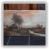 A41. Landscape oil painting on canvas with house, signed "J. DeCamp" Dimensions: 24" x 12" - $350