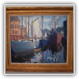 A23. Harbor scene oil painting by Carl Peters. Frame: 33.5"h x 38.5"w - $7,500
