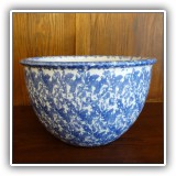P30. Blue and white sponge pattern bowl. 5.5"h x 9"w  Small chip on rim - $18