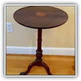 F53. Small tilt-top candlestick table inlay wood round. 24"h x 15"w - $160