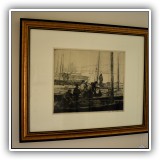 A46. Fishermen at the Docks" original etching by George Elmer Browne. 10.5"h x 12.5"w - $350
