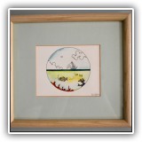 A04. Small framed watercolor signed Nim Valley. Frame: 9"h x 10"w - $22