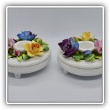 D45. Pair of Staffordshire bone china flower candleholders. One cracked.  3"h x 4"w - $24 for the pair