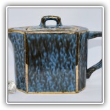 P01. Blue and gold teapot. Made in England. 4.25"h x 8"w x 3"d - $18