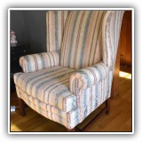 F10. Conover striped damask wing back chair. Tiny stain on one corner. 42"h x 30"w x 34"d  - $225