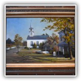 A01. Oil painting on board by Marshall W. Voyce  of downtown Norwell. Board: 20"h x 29.5"w Frame: 29"h x 39"w (frame)