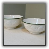 P49. Pair of Antica Fornac white relief top bowls. Some small chips. 10.5"w and 9.5" w - $12 and $10