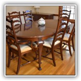 F13. Ashley River by Temple Stuart cherry dining table and 6 chairs. Some minor mark at ends of table, ubt otherwise in excellent condition. Table: 29"h x 68"w x 45"d - $1,450 for the set
