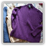 H23. 3 Ladies' L.L. Bean zip- up cardigans. 100% cotton. Size large  Purple sweater is new with tags.