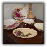 P13. 6 Pieces of matching hand painted lustreware. Different makers, but all signed "ML"