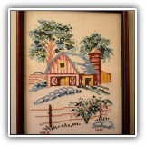 A16a. Barn cross stitch, signed M.B.D and 1967. Frame: 15.5"h x 12"w - $32