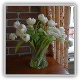 D77. Faux tulips in glass vase. 14" - $12