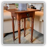 F36. Antique Sheraton style side table with drawer. Marks to top. 28"h x 20"l x 18"d - $95