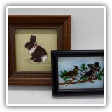 A67. Theorem bunny painting. bunny 4.5" x 4.5" - $10 AND Reverse painted birds on glass. 3.5" x 3" - $8