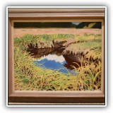 A45. Framed marsh scene oil on canvas. Signed "Chris Poulin." Frame: 21" x 24.5" - $50