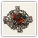 J12. Sterling silver and green and red stone pin. Signed AH. 1.25" - $28