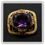 J41. Vintage brass and purple stone pin. 1.75" x 1.5" - $22